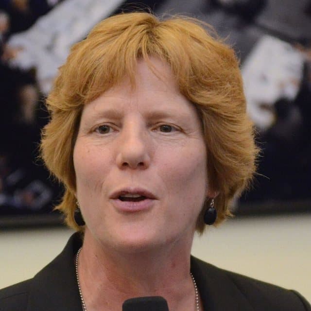 Woman with short ginger hair mid-word, mouth open, a dark framed picture behind her.