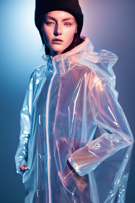 Fashion portrait of a person wearing a translucent iridescent coat and visor against a blue background.