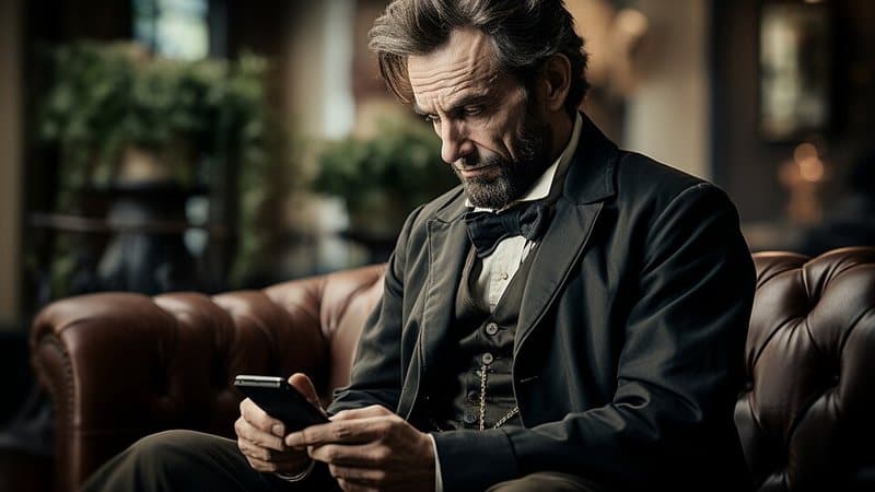Bearded man in a 19th-century suit and bow tie sitting on a leather sofa, looking down at a smartphone.