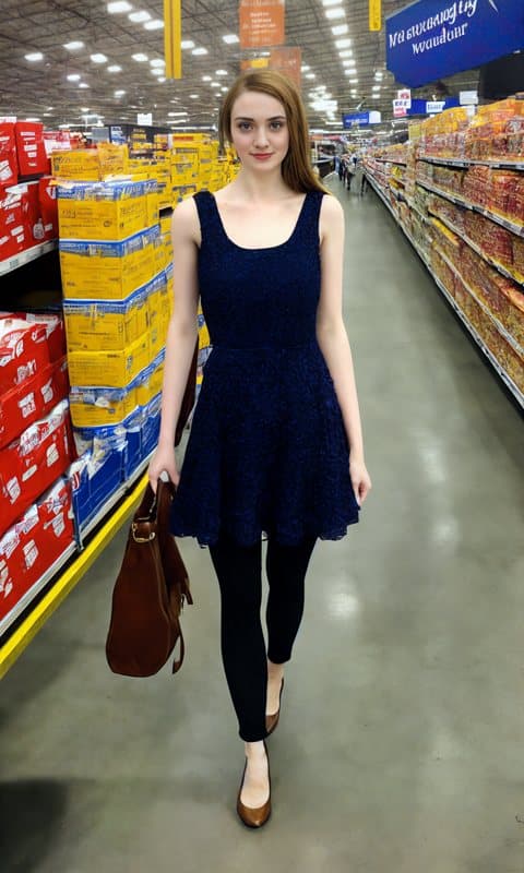 Young woman in a navy dress walking down a warehouse-store aisle holding a brown handbag; signs hang from the ceiling.